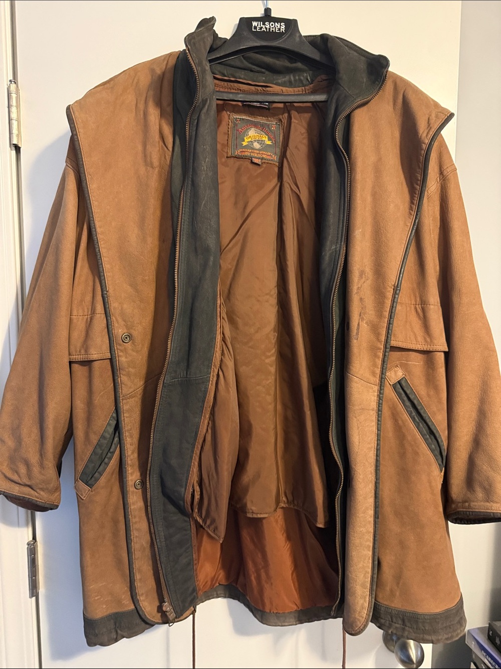Wilsons Leather Tan Suede Trench Coat with Dark Brown Trim